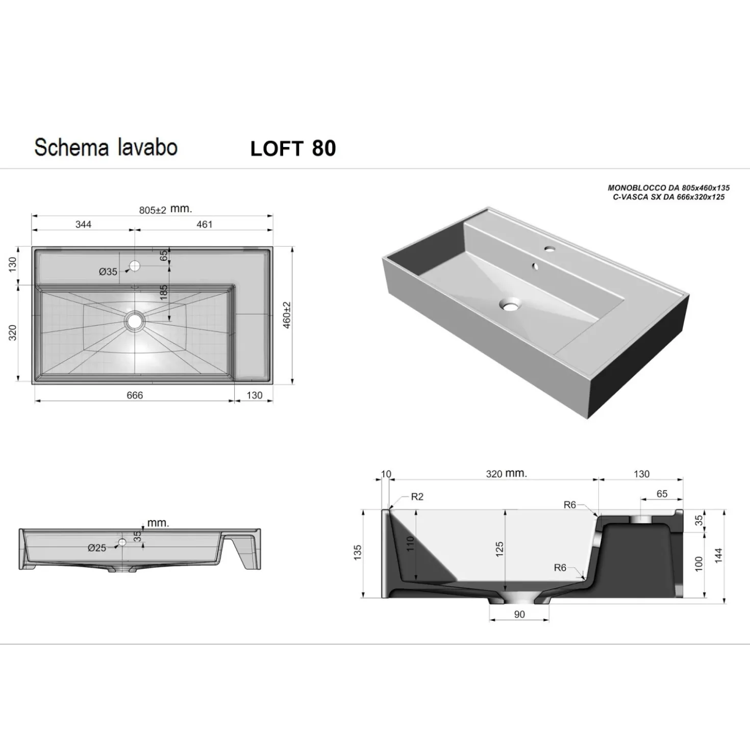 Lavabo unitop con 1 foro 80x46 cm mineralmarmo bianco