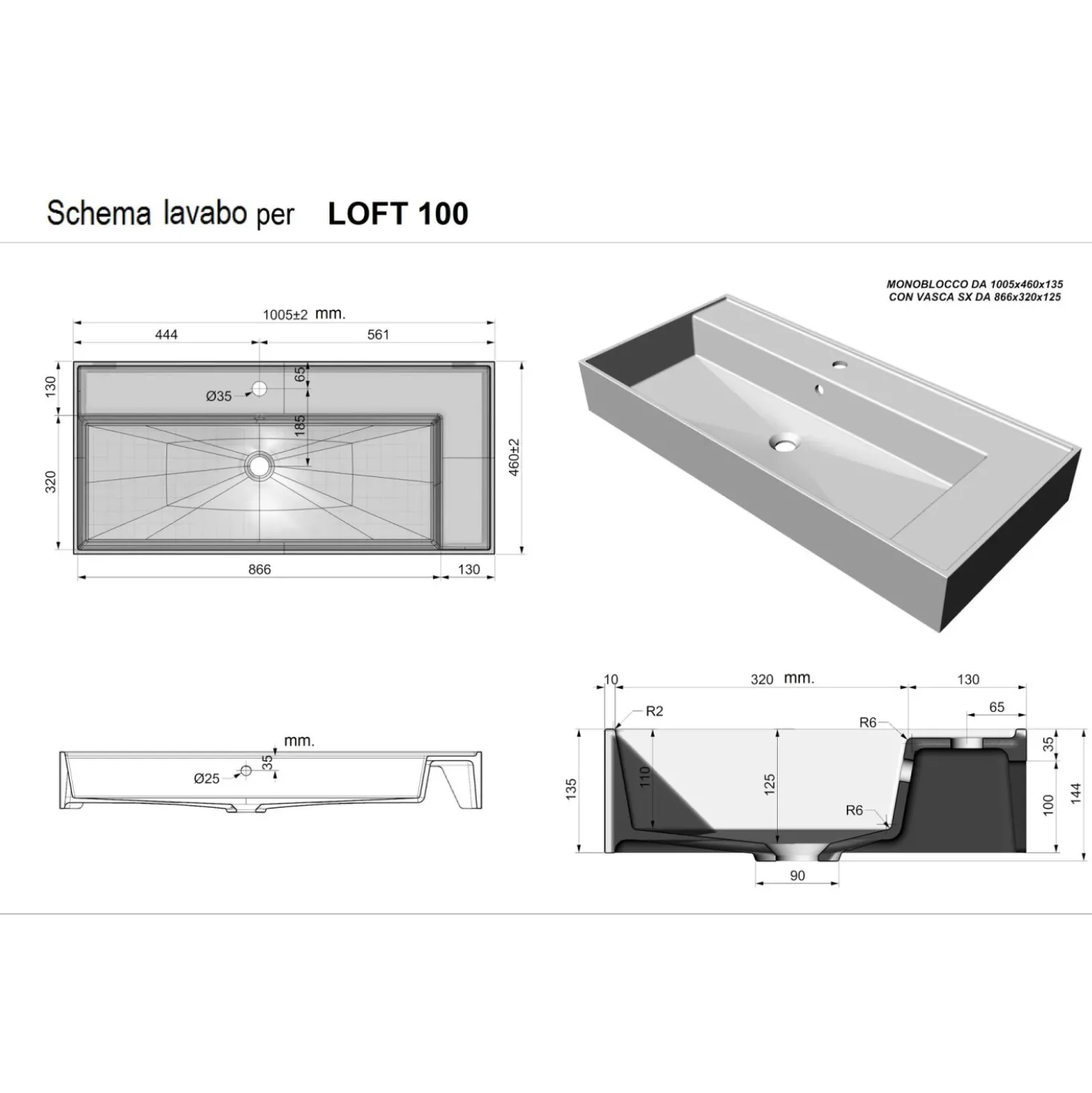 Lavabo unitop con 1 foro 100x46 cm mineralmarmo bianco