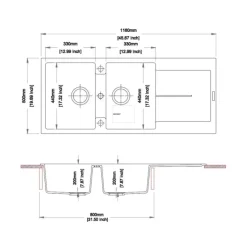 Lavello da incasso in quarzo 2 vasche 116x50 cm grigio