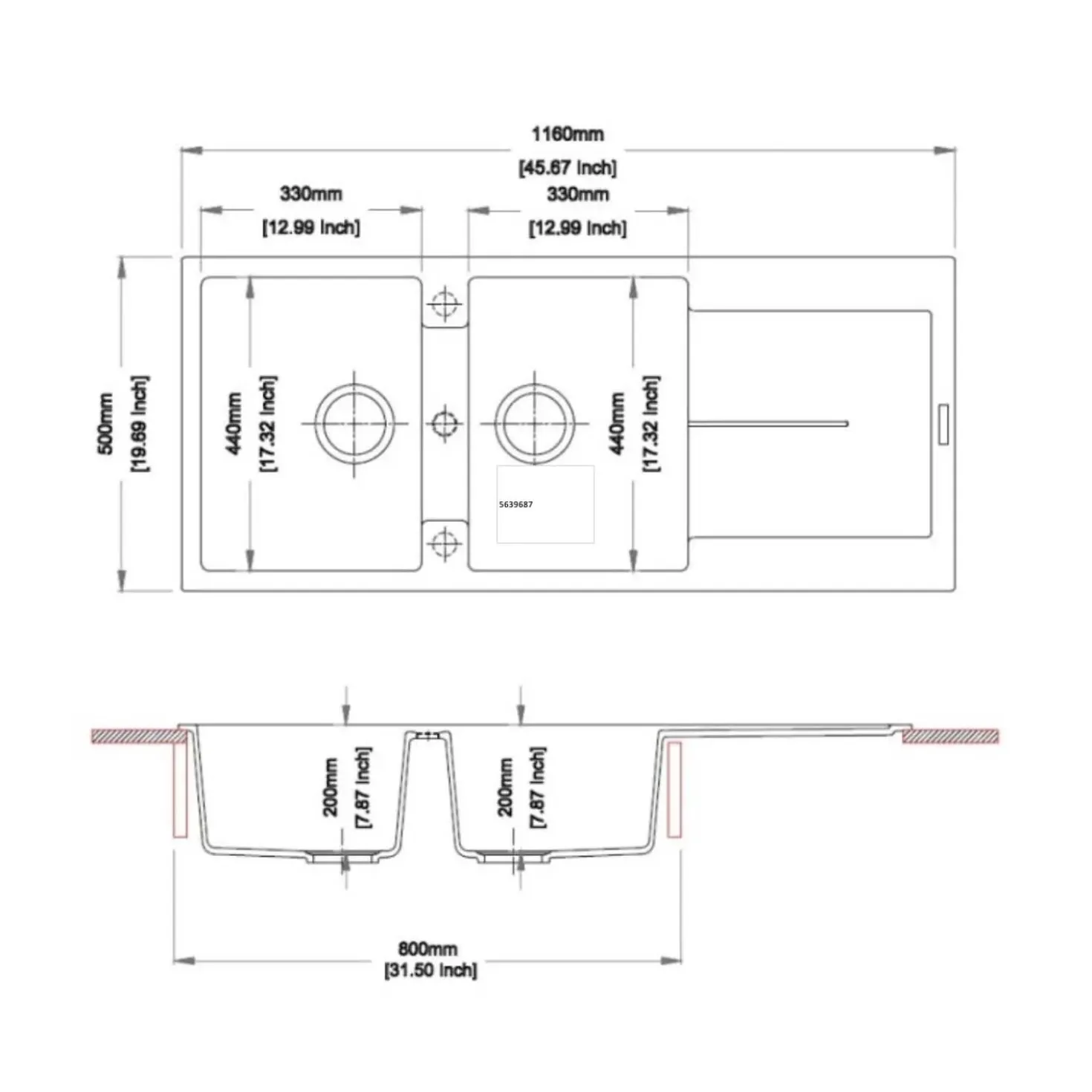 Lavello da incasso in quarzo 2 vasche 116x50 cm grigio