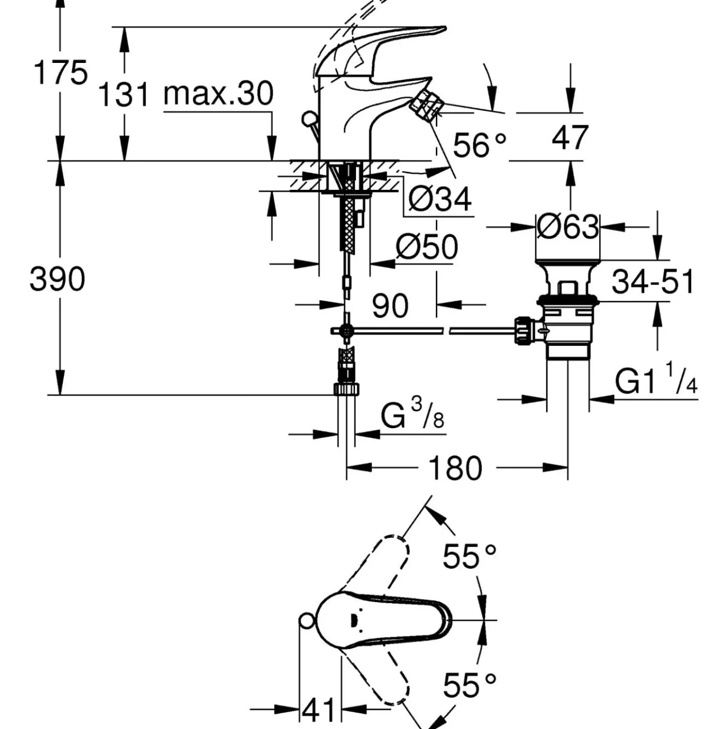 Miscelatore bidet Grohe Swift con scarico a saltarello cromo