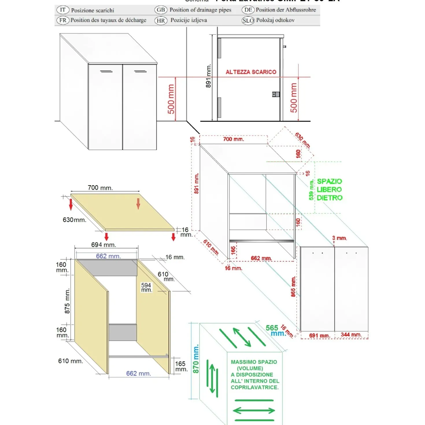 Mobile bagno a terra coprilavatrice con 2 ante 70x63x89 cm effetto legno bianco