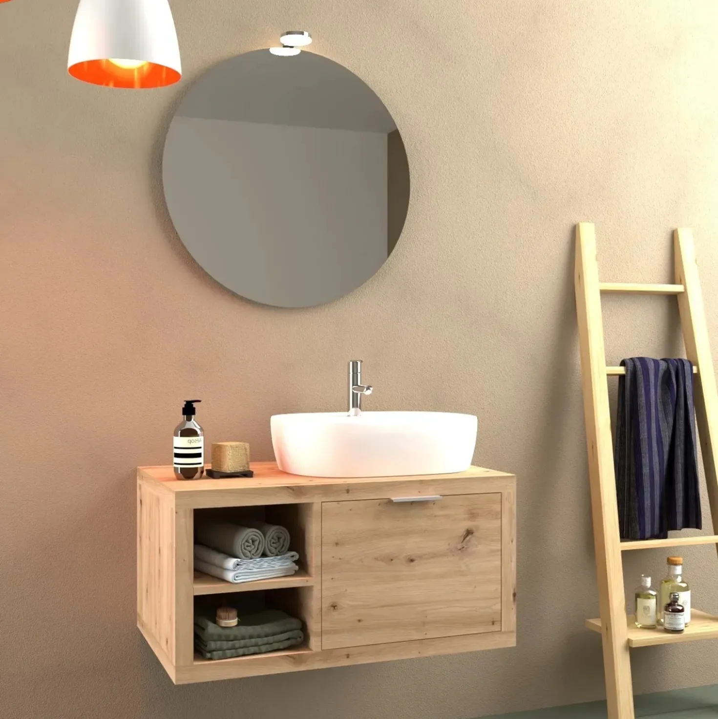 Mobile bagno base lavabo sospeso 80 cm rovere/rovere sx