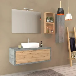 Mobile bagno base lavabo sospeso 110 cm cemento/rovere