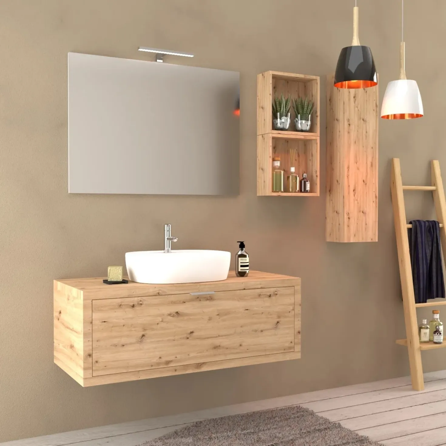 Mobile bagno base lavabo sospeso 110 cm rovere/rovere