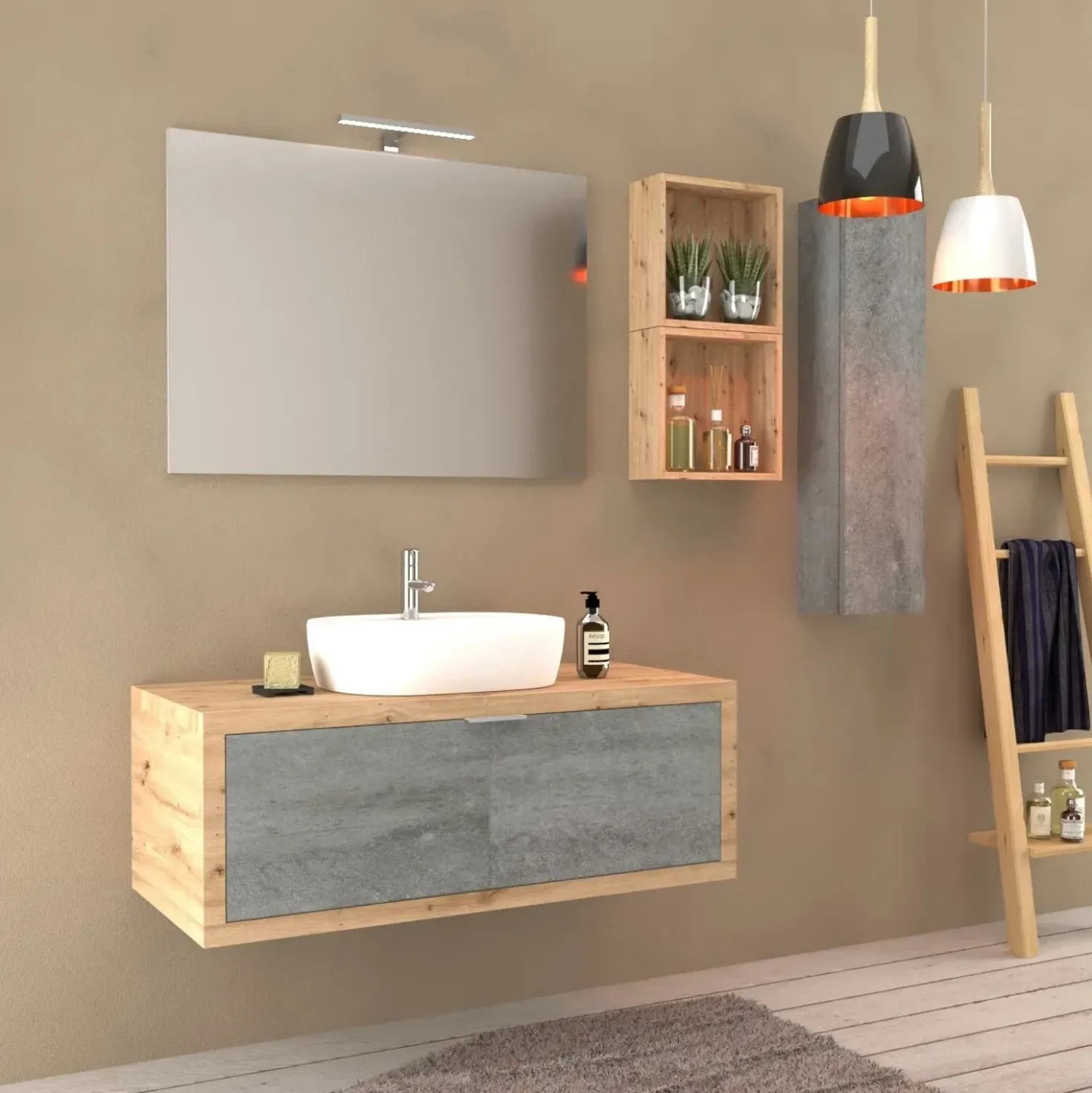 Mobile bagno base lavabo sospeso 110 cm rovere/cemento