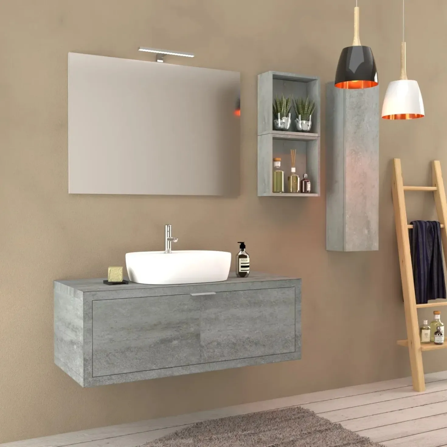 Mobile bagno base lavabo sospeso 110 cm cemento/cemento