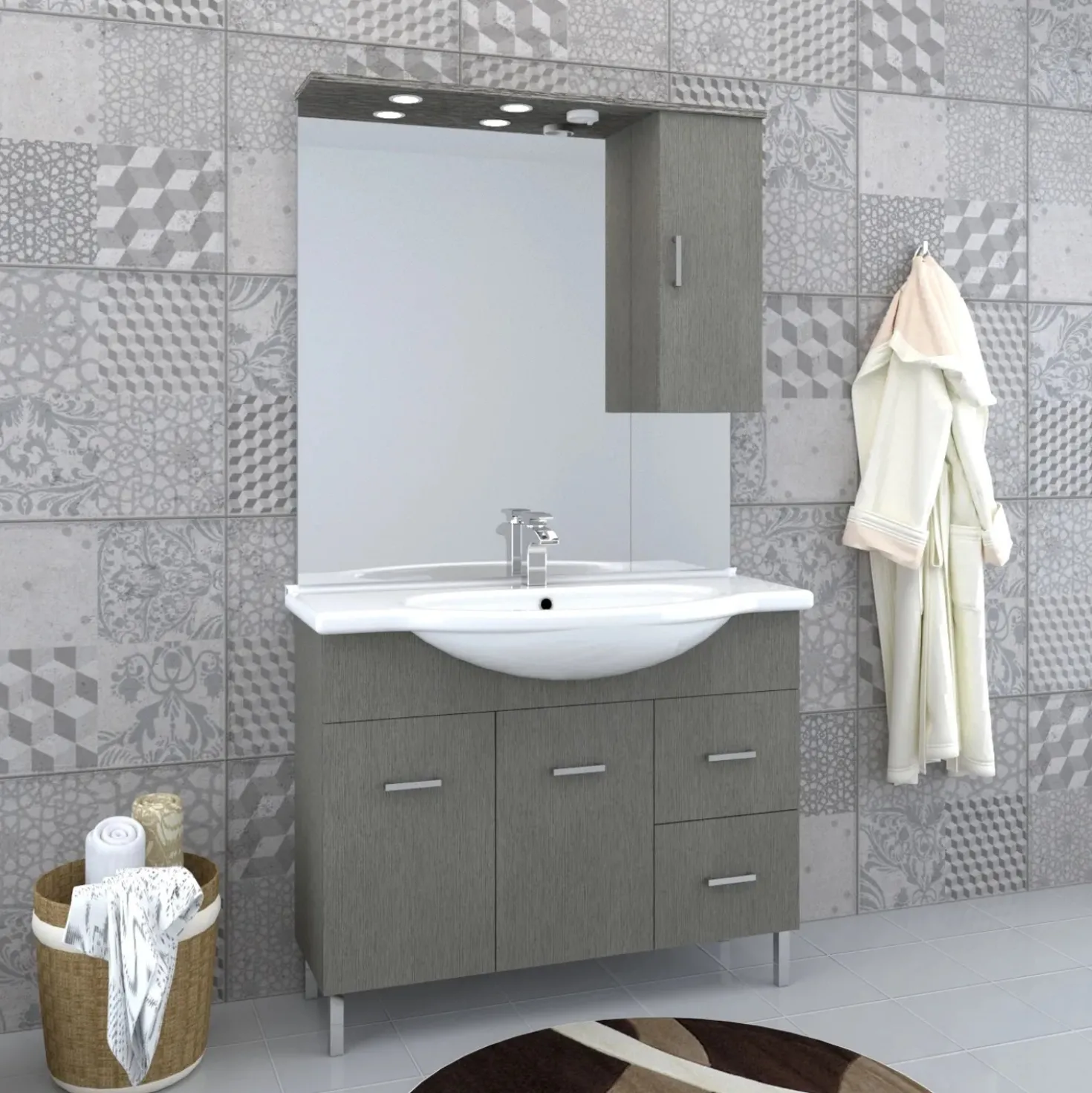 Mobile bagno base lavabo a terra Orphea 105 cm grigio larice con pensile
