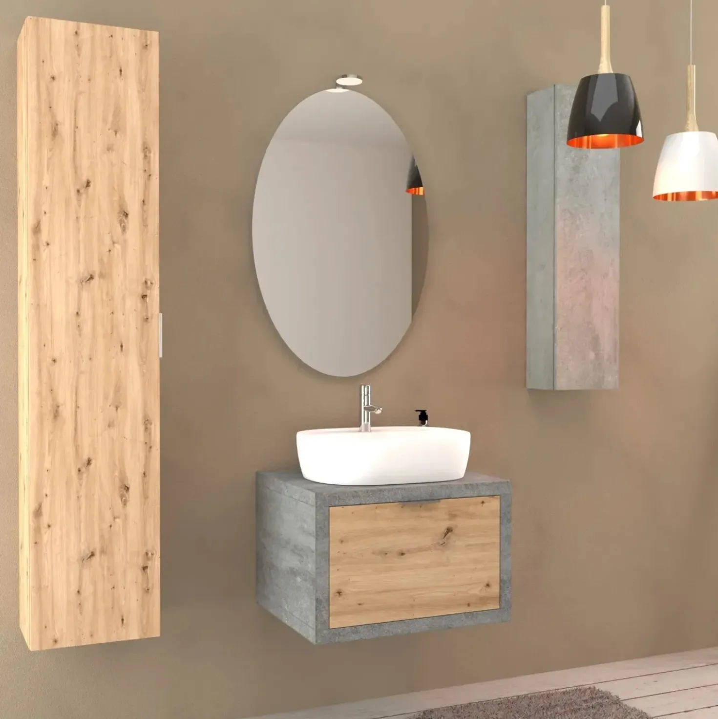 Mobile bagno base lavabo sospeso 60 cm cemento/rovere nodato