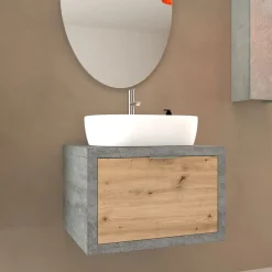 Mobile bagno base lavabo sospeso 60 cm cemento/rovere nodato
