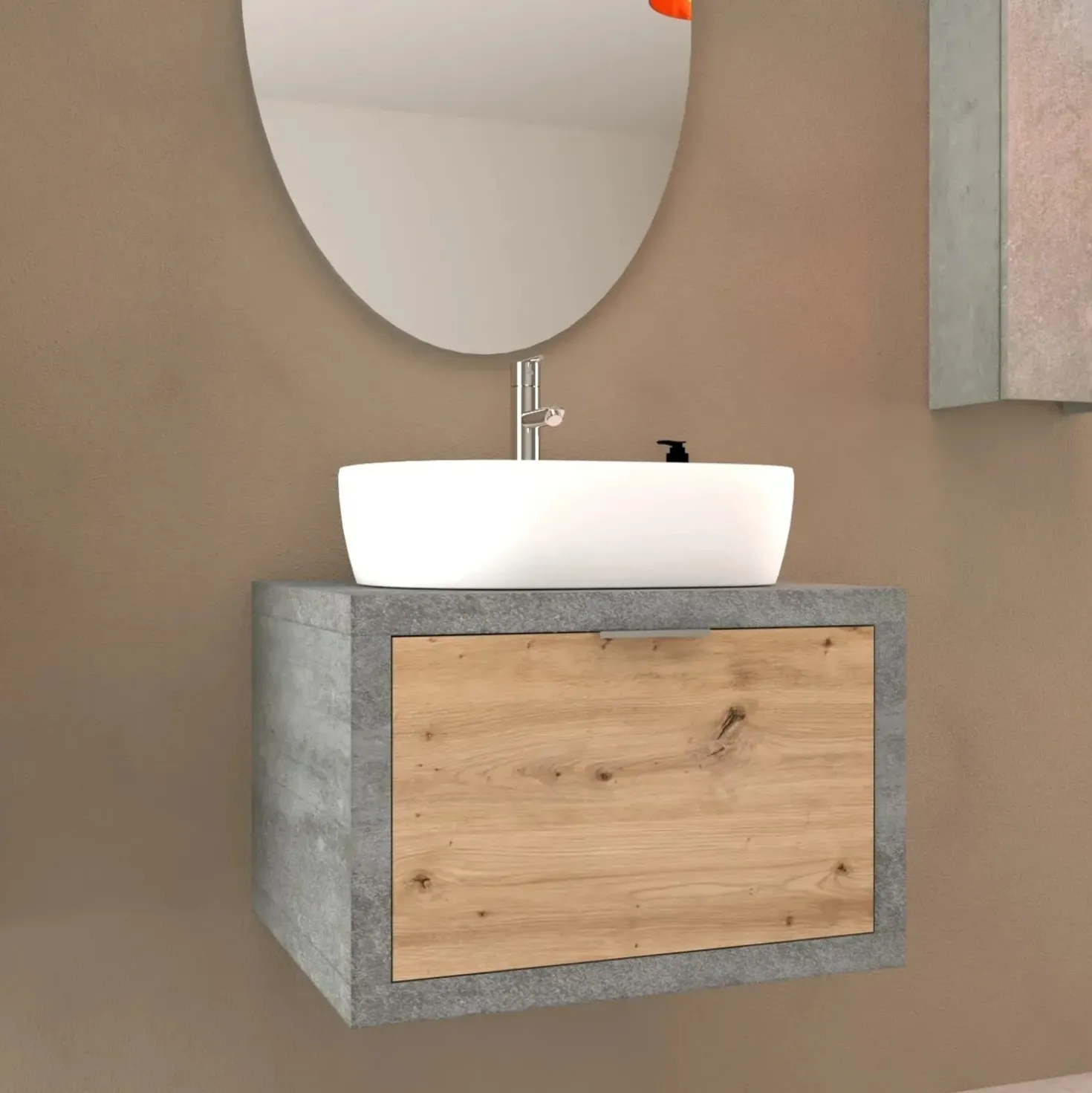 Mobile bagno base lavabo sospeso 60 cm cemento/rovere nodato