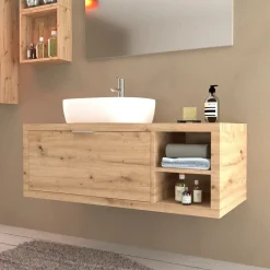 Mobile bagno base lavabo sospeso 110 cm rovere/rovere con mensola dx