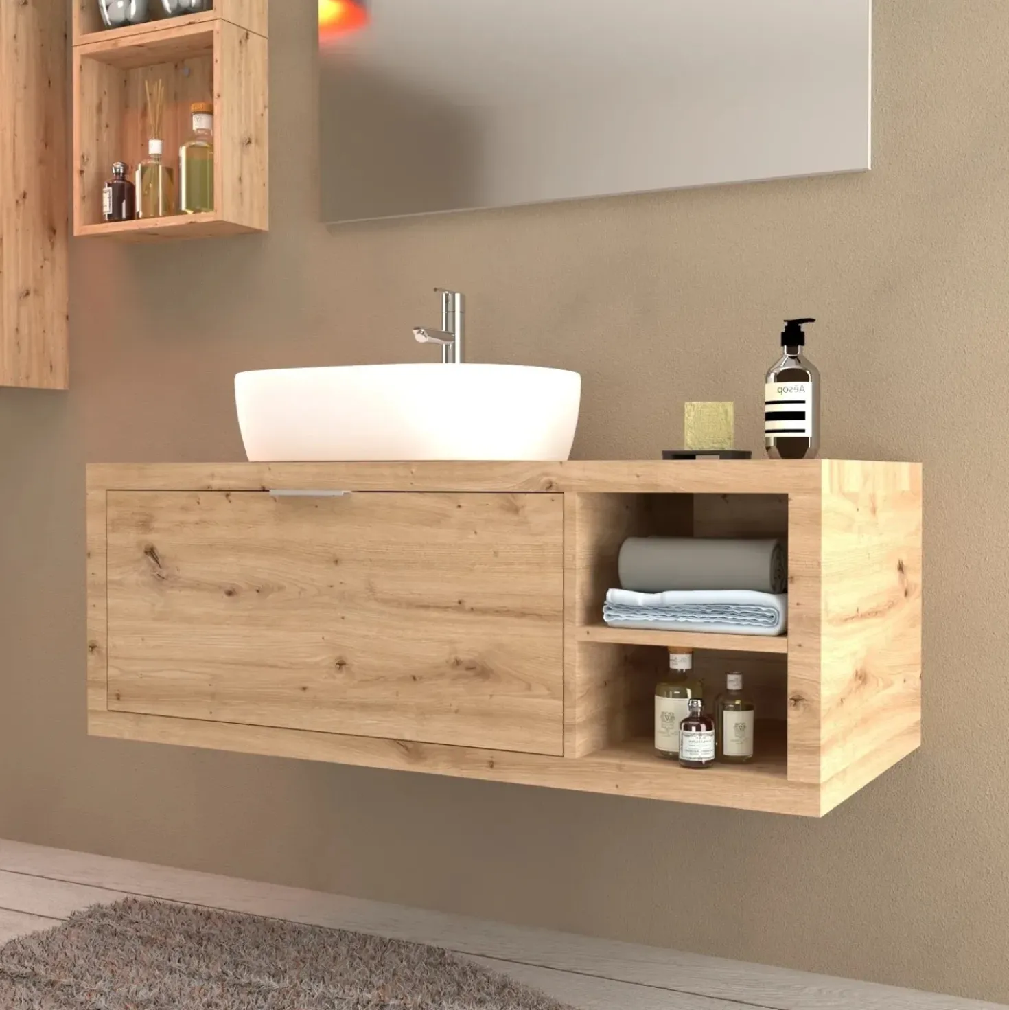 Mobile bagno base lavabo sospeso 110 cm rovere/rovere con mensola dx