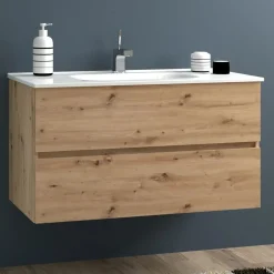 Mobile bagno base sospesa 2 cassetti lavabo in ceramica Monya 101x46 cm rovere