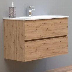 Mobile bagno base sospesa 2 cassetti lavabo in ceramica Monya 76x46 cm rovere