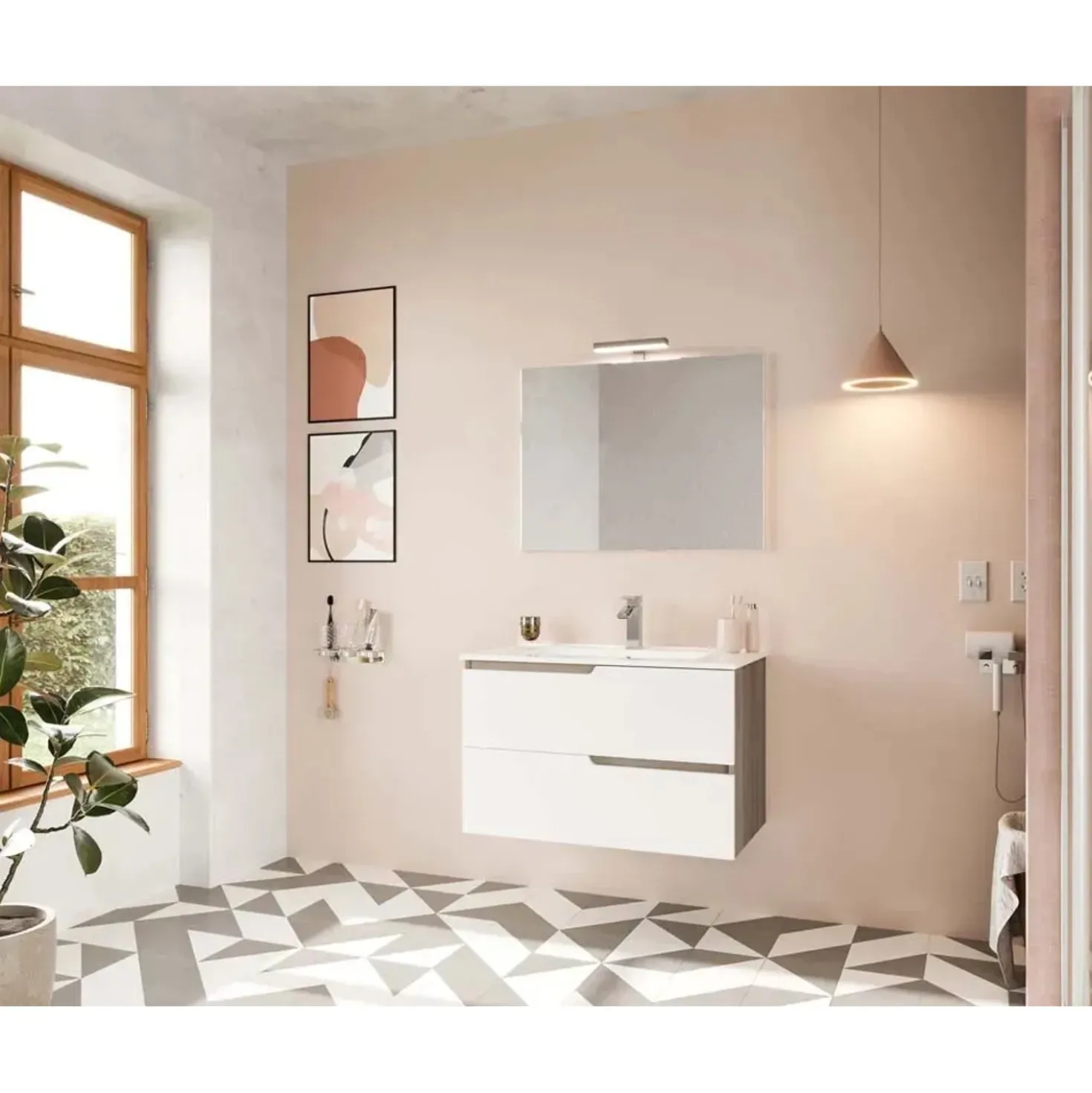 Mobile bagno sospeso con specchiera LED Porto 81,5x118x46,5 cm rovere