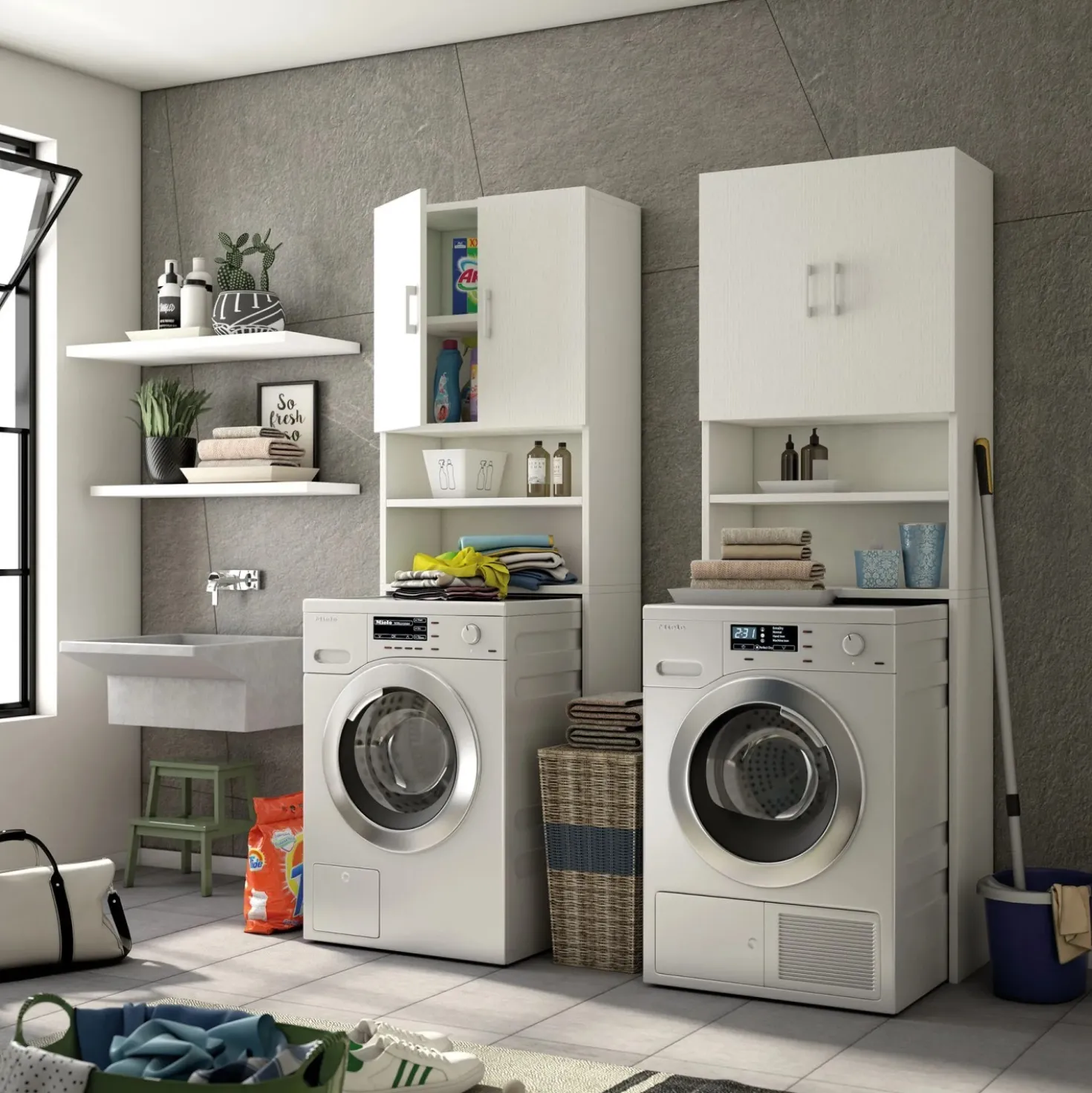 Mobile multiuso doppia anta 4 ripiani con vano per lavatrice 65x32x195 cm bianco