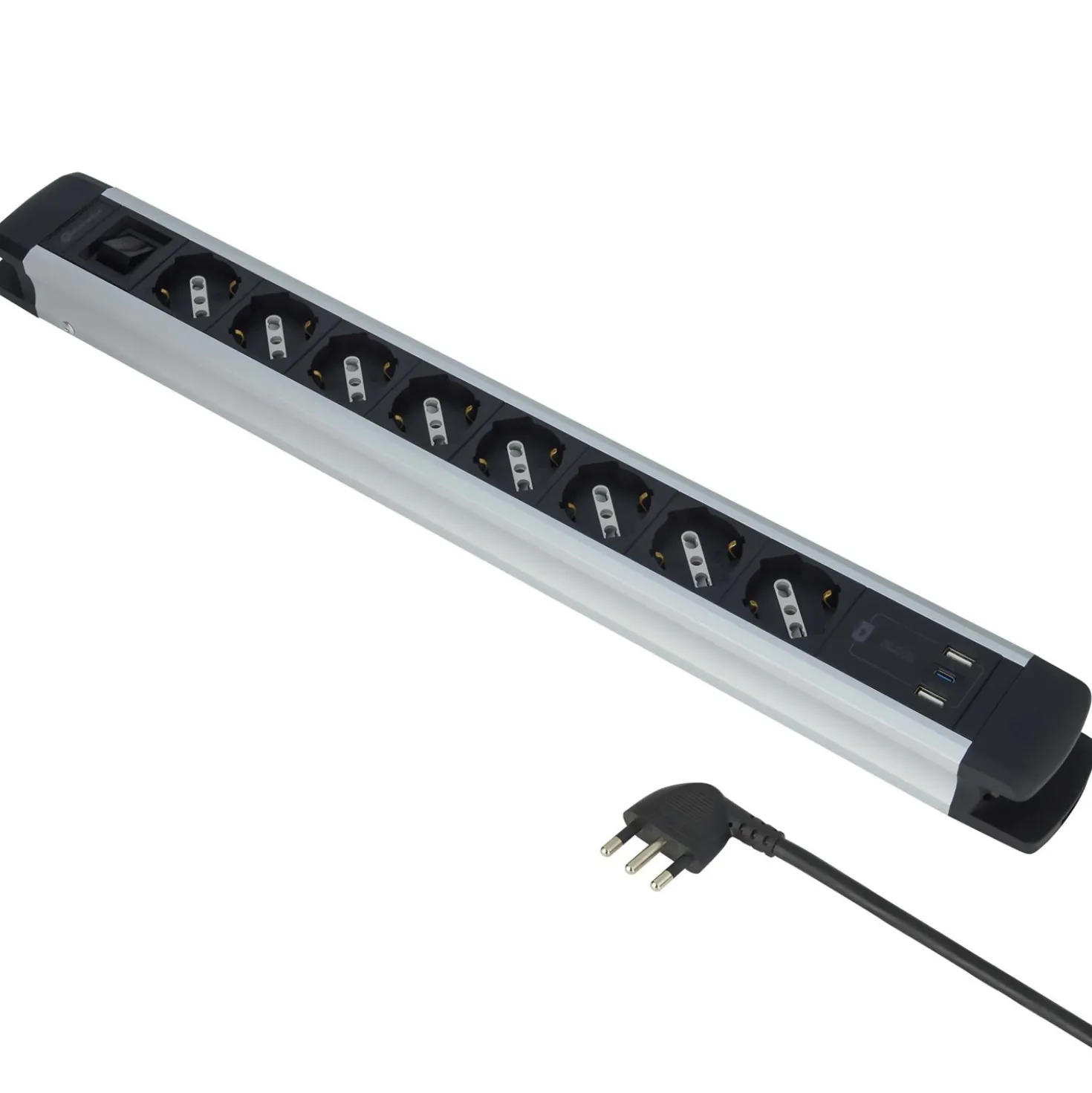 Multipresa Alu, 8 prese P40, 2USB-A, USB-C PD20W, H05VV-F 3G1, 2m. Nero