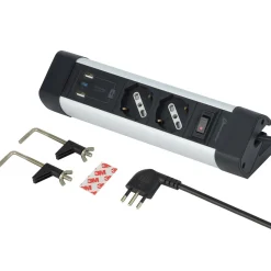 Multipresa scrivania Alu 2 prese P40, 2 USB-A,1 USB-C PD 20W, 2m. Nero