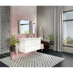 Pensile bagno Cube rovere bianca con lavabo e specchio 100 cm