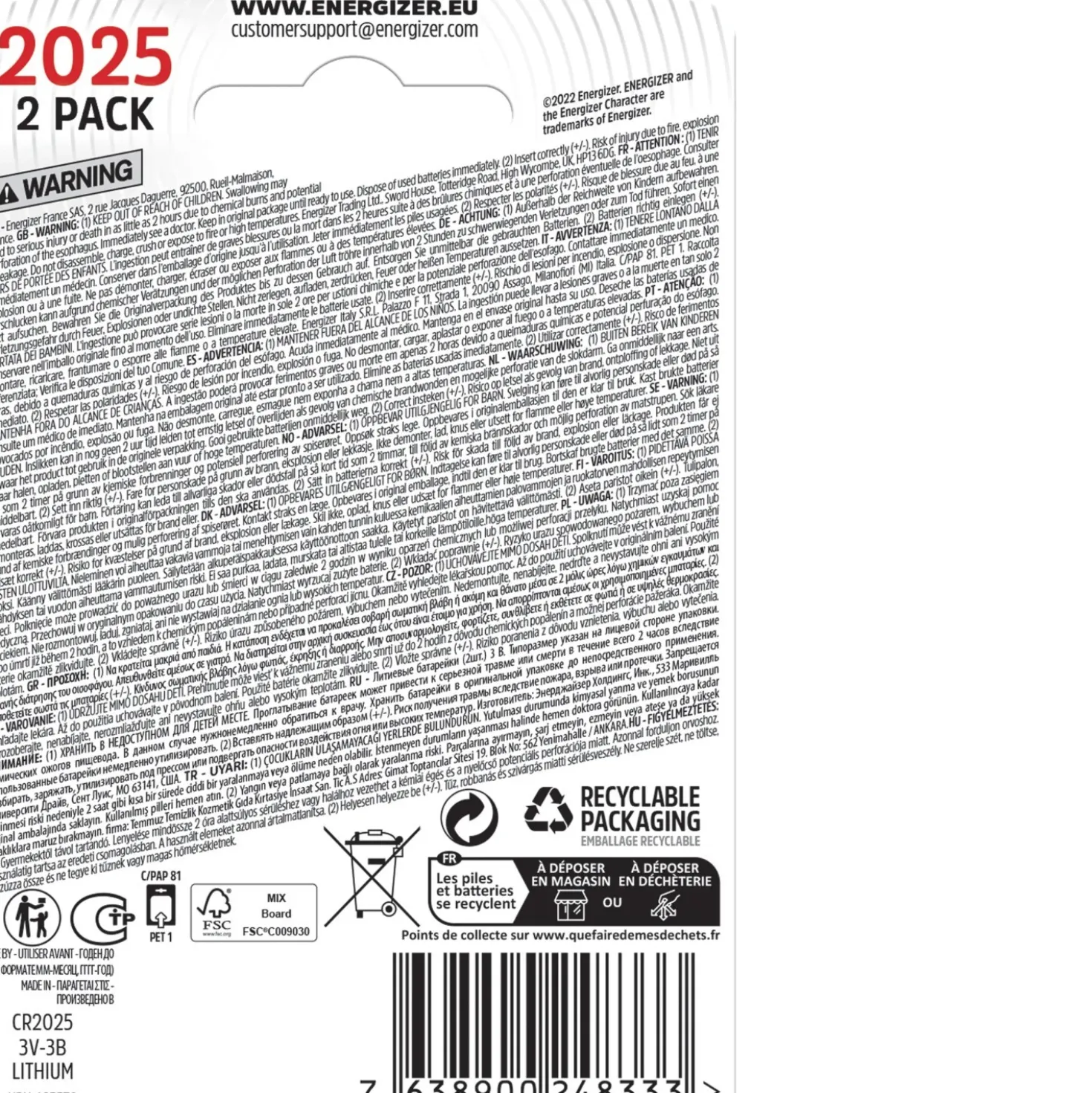 Pile litio bottone Energizer CR2025 specialistiche 155 mAh 2 pz