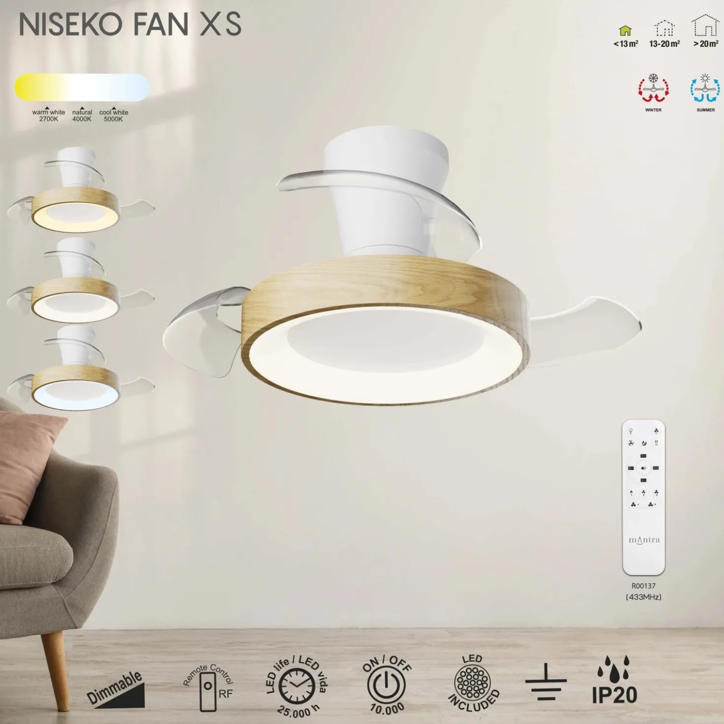 Plafoniera LED Niseko Fan Xs ventilatore 2500 lm luce bianco 26,9x71 cm