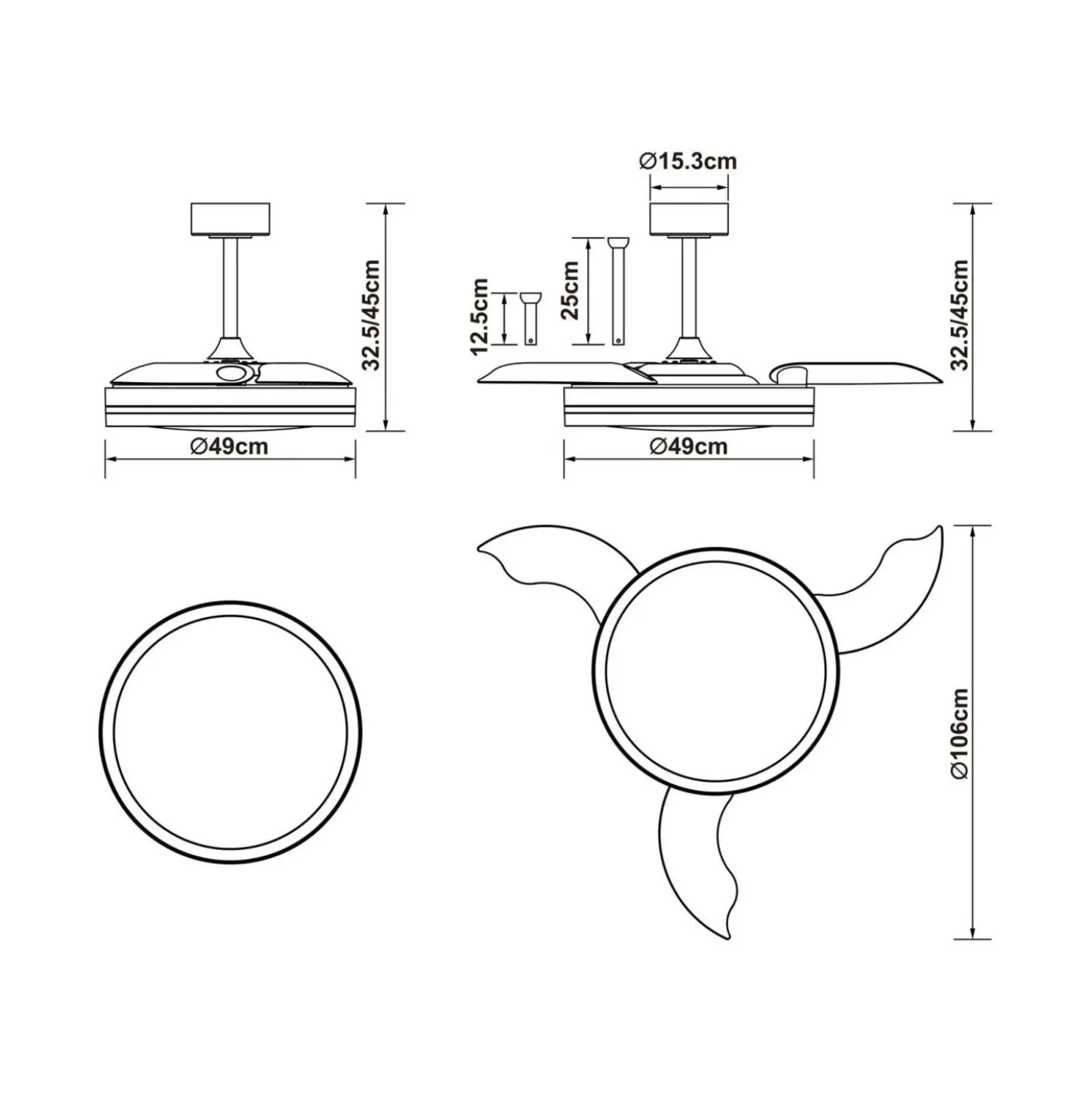Plafoniera ventilatore LED Luna 5710 lm 3000-5000 K Ø106x 32,5x45 cm