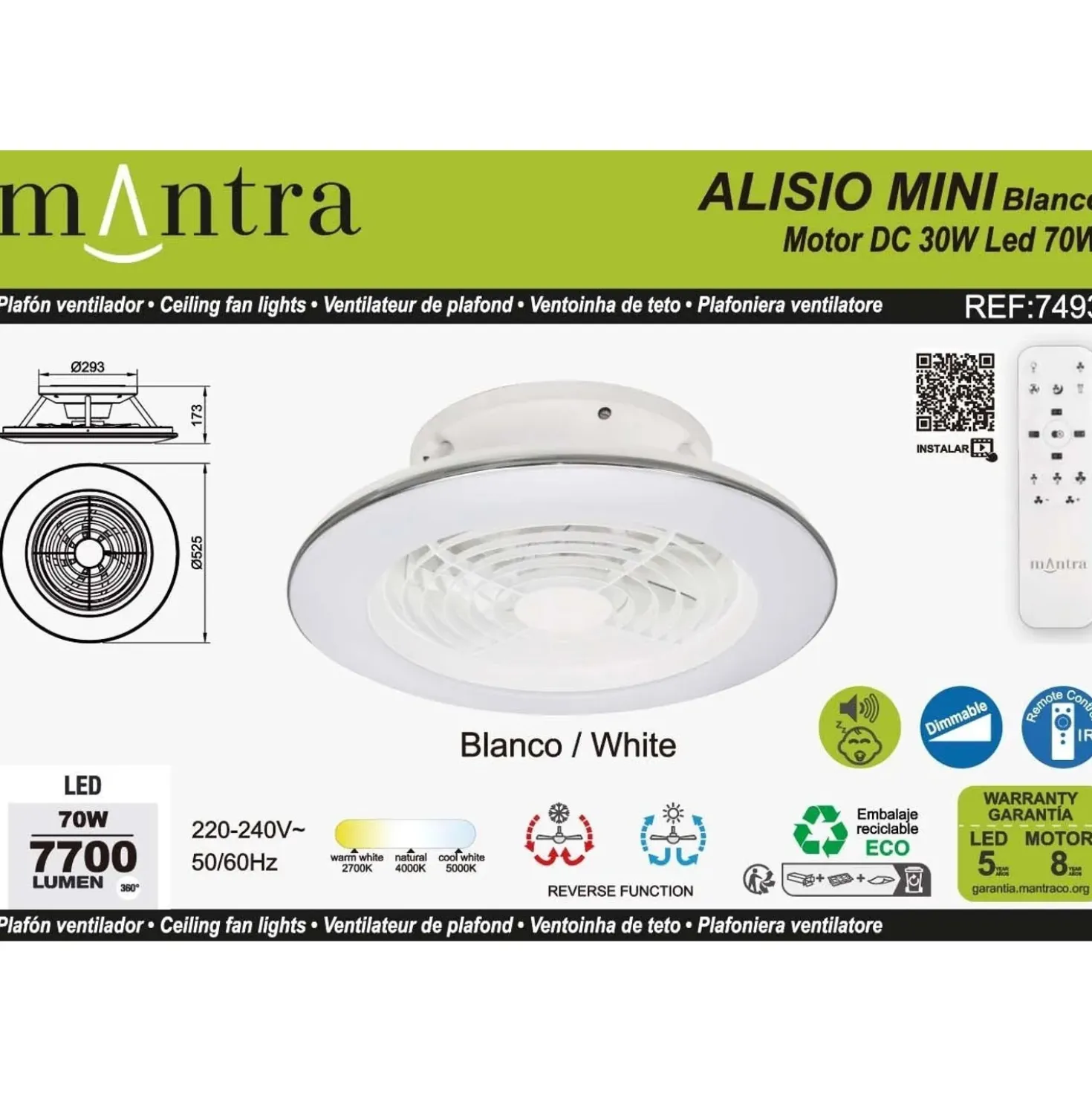 Planofiera LED 70W con ventilatore 30W Alisio Mini 16,5x52,5 cm bianco