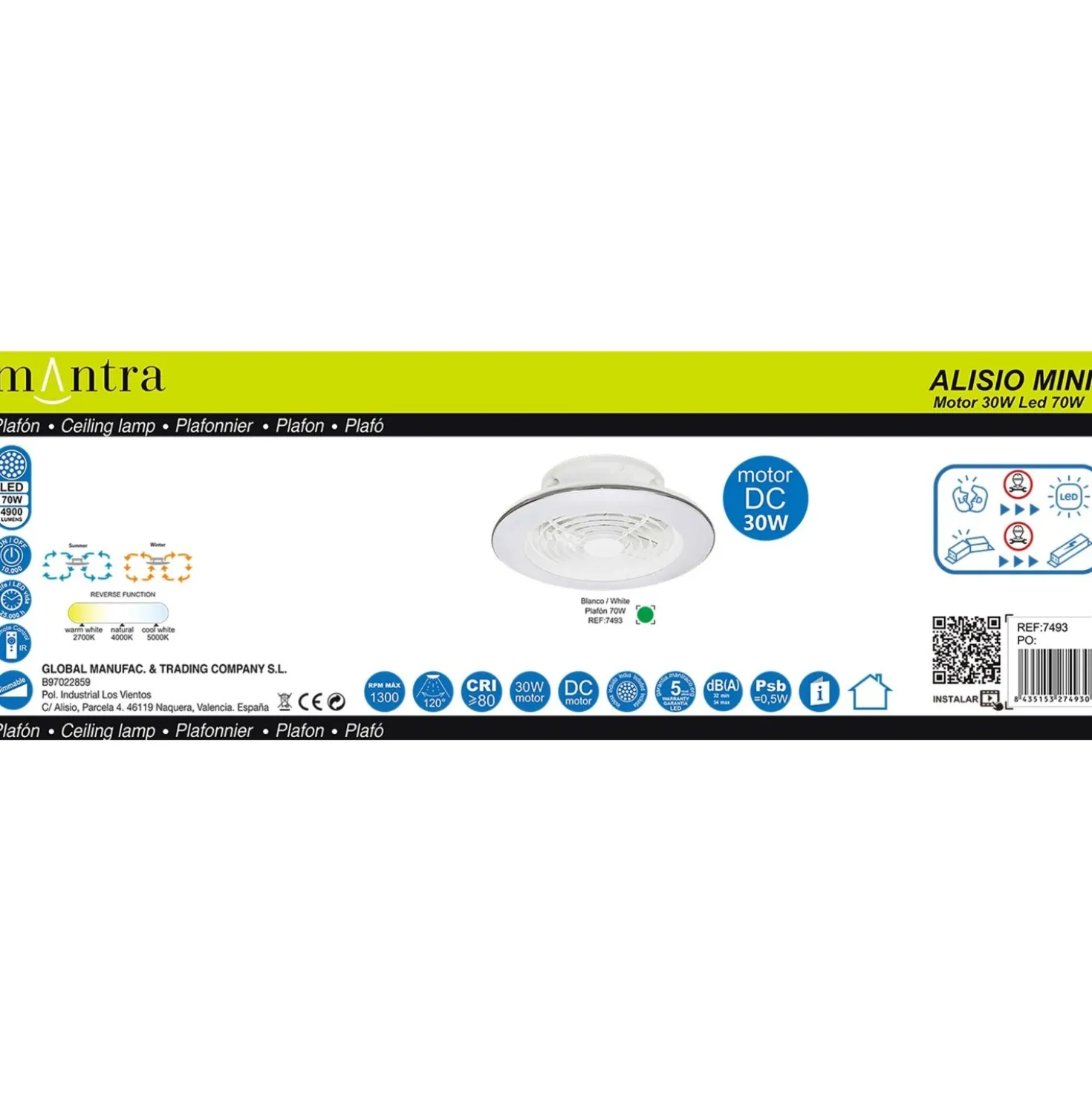 Planofiera LED 70W con ventilatore 30W Alisio Mini 16,5x52,5 cm bianco