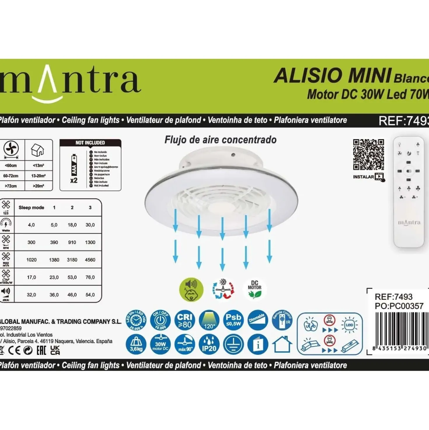Planofiera LED 70W con ventilatore 30W Alisio Mini 16,5x52,5 cm bianco