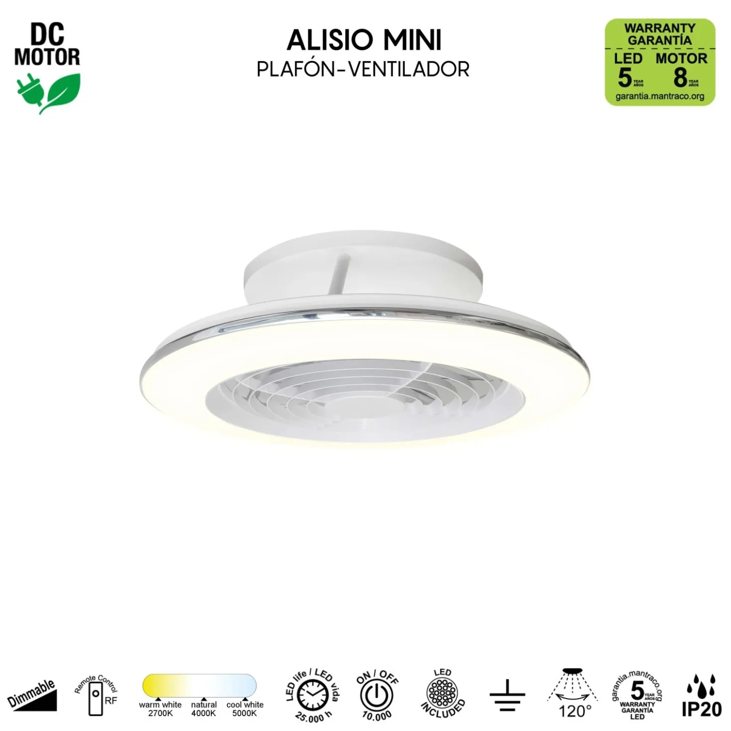 Planofiera LED 70W con ventilatore 30W Alisio Mini 16,5x52,5 cm bianco