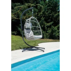 Poltrona sospesa in ferro e corda con cuscino grigio chiaro 96x196x115 cm