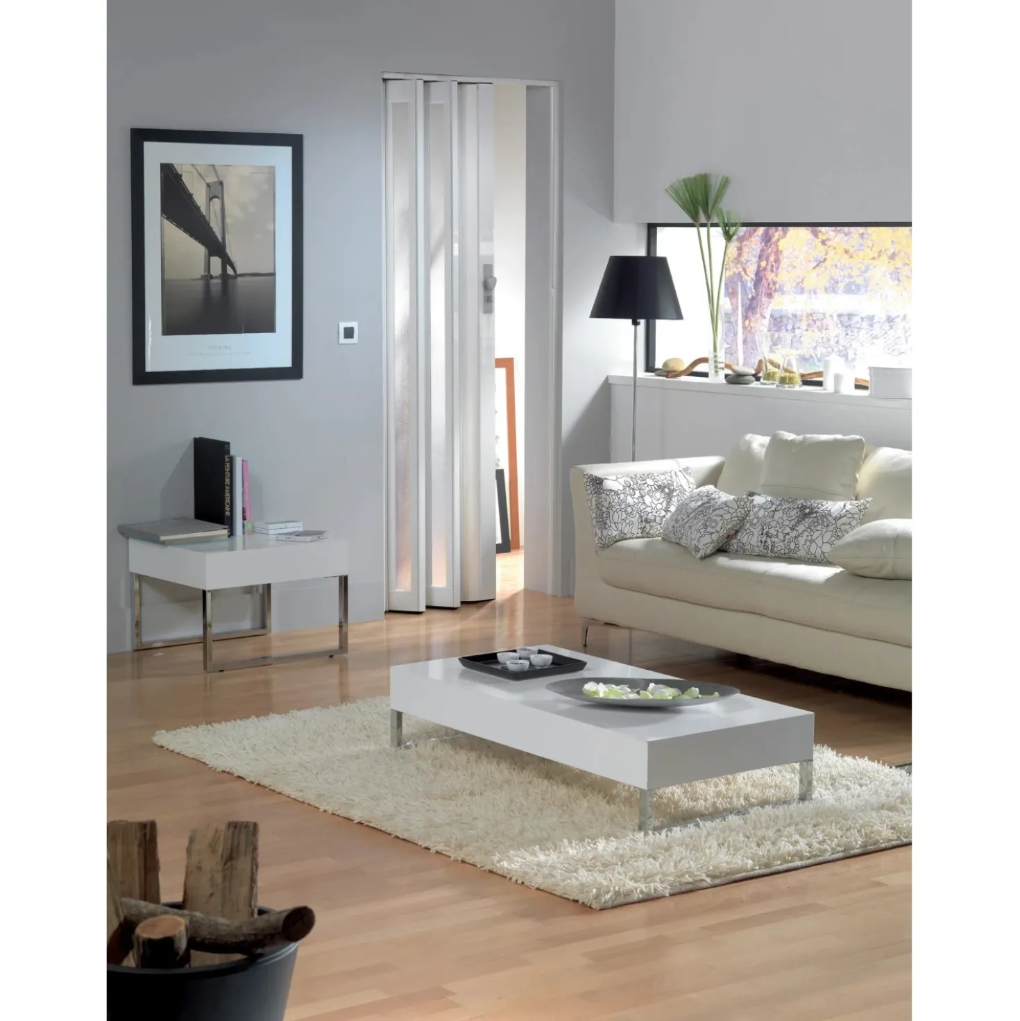 Porta a soffietto Larya in PVC 84x215 cm vetrata bianco brillante