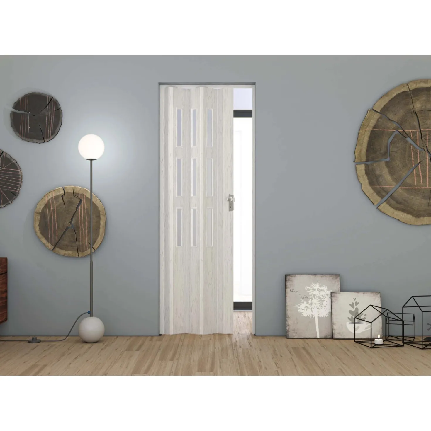 Porta a soffietto Maya Vetrata in PVC stampa 3D 83,5x214 cm pino bianco