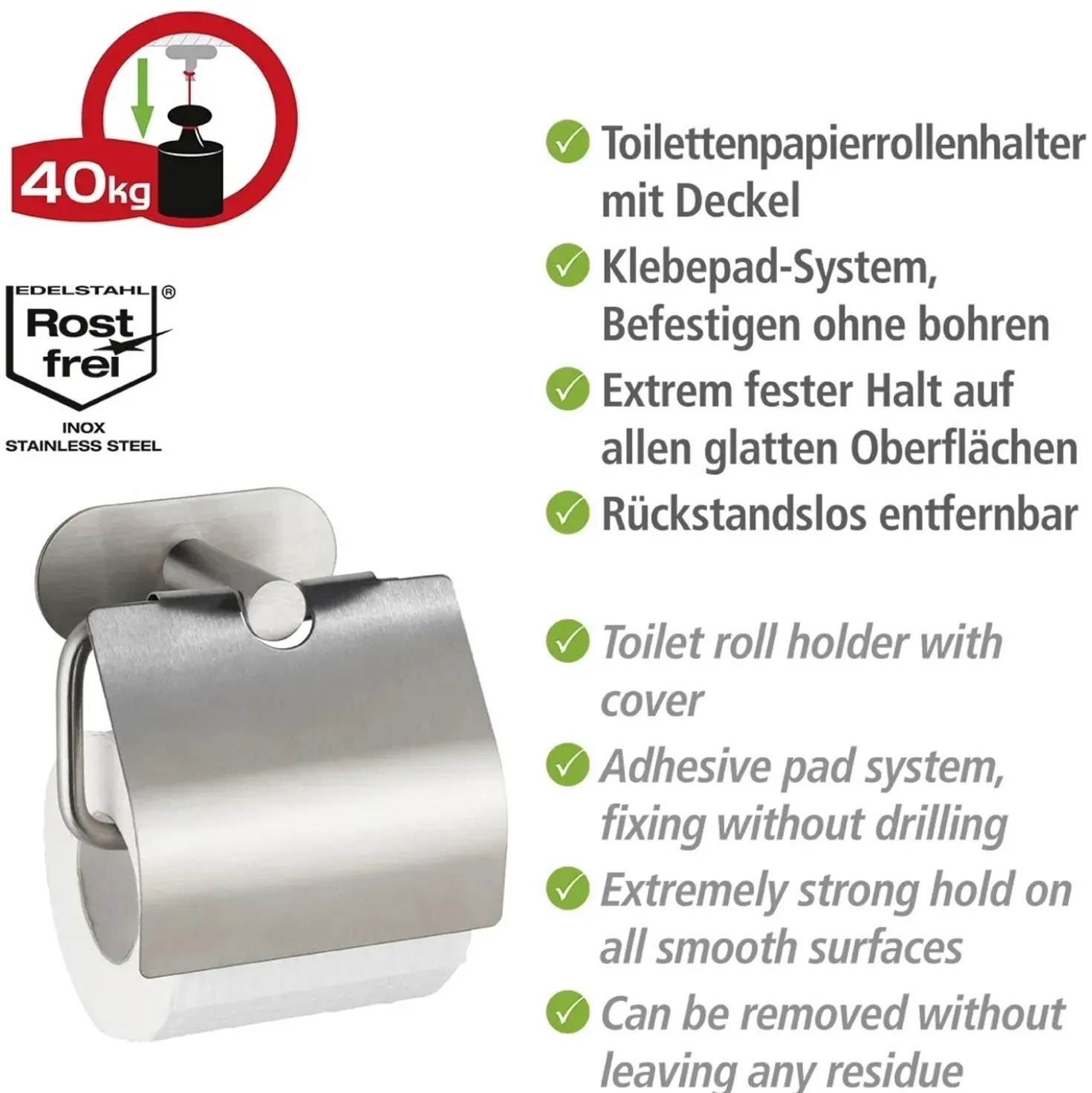 Porta carta igienica con coperchio Wenko Turbo-Loc Orea acciaio inox opaco