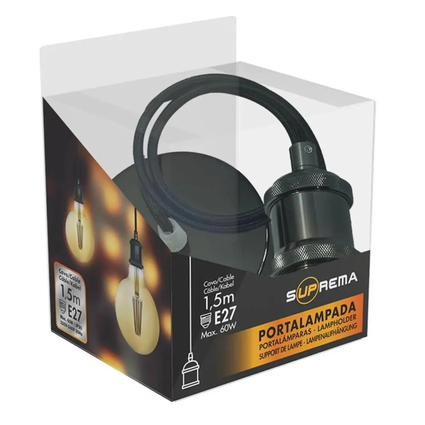 Portalampadina E27 sospeso nera 1,5 m max.60W