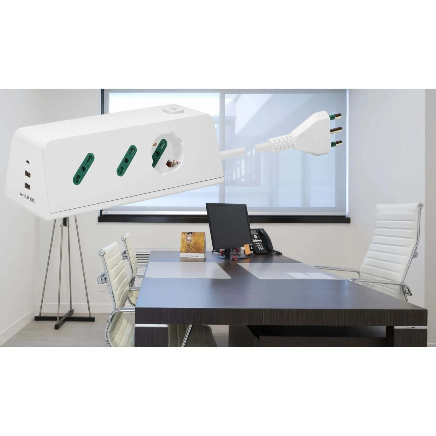 Presa mobile multipla scrivania 1 universale +2 P17/11+3 USB+ spina S17 bianco