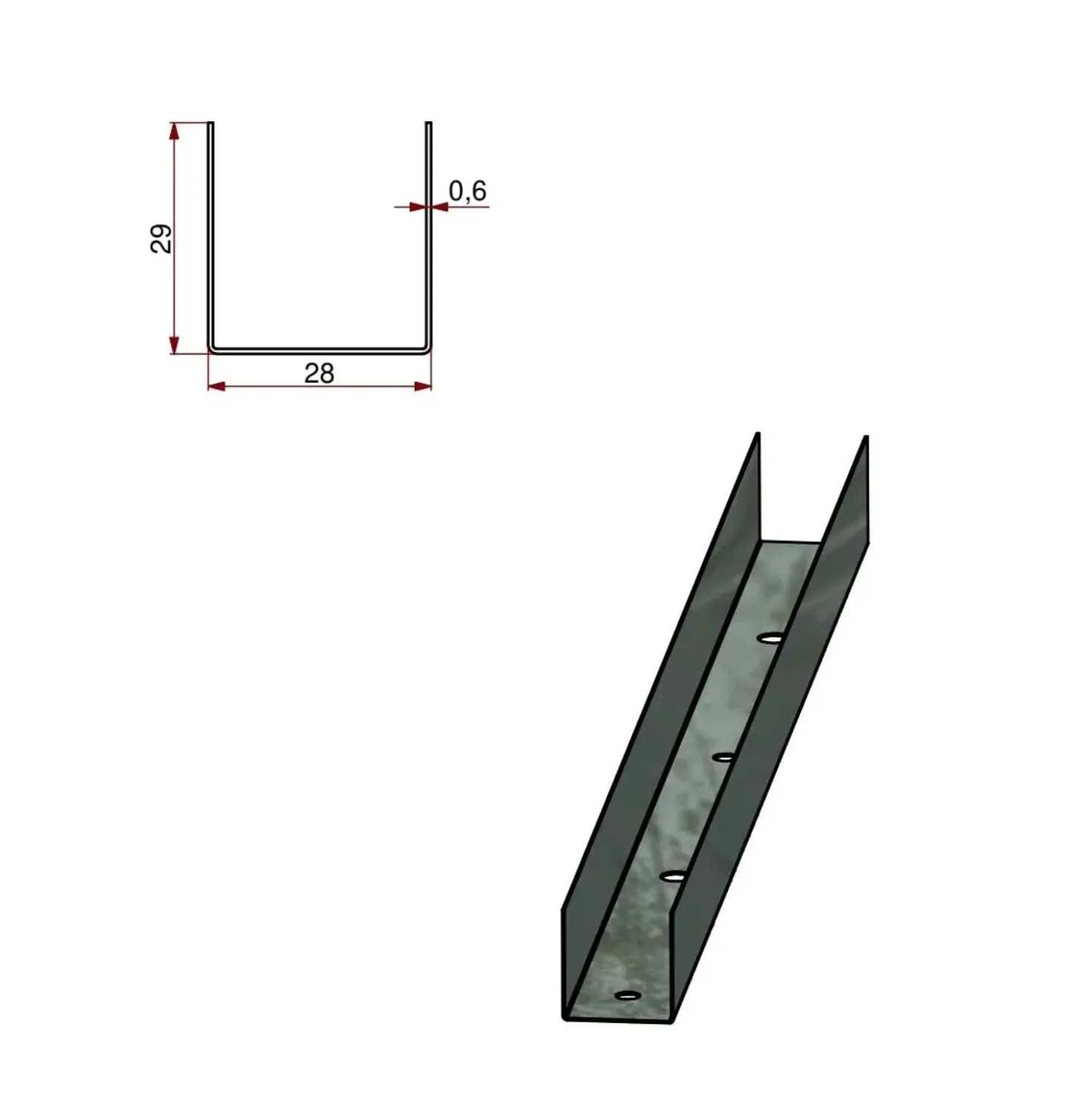 Profilo guida a U in acciaio zincato 30/28 sp 6/10 L 3 m grigio