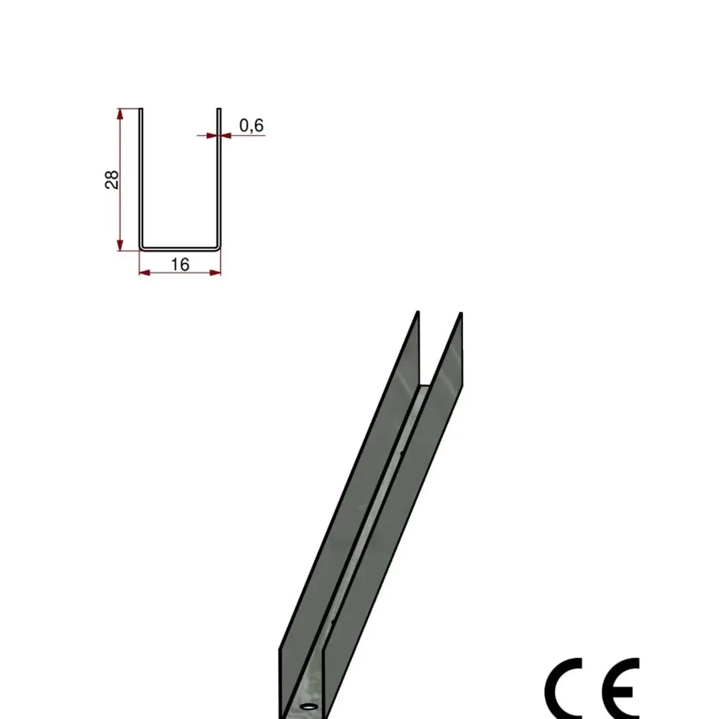 Profilo guida a U in acciaio zincato 16/28 sp 6/10 L 3 m grigio