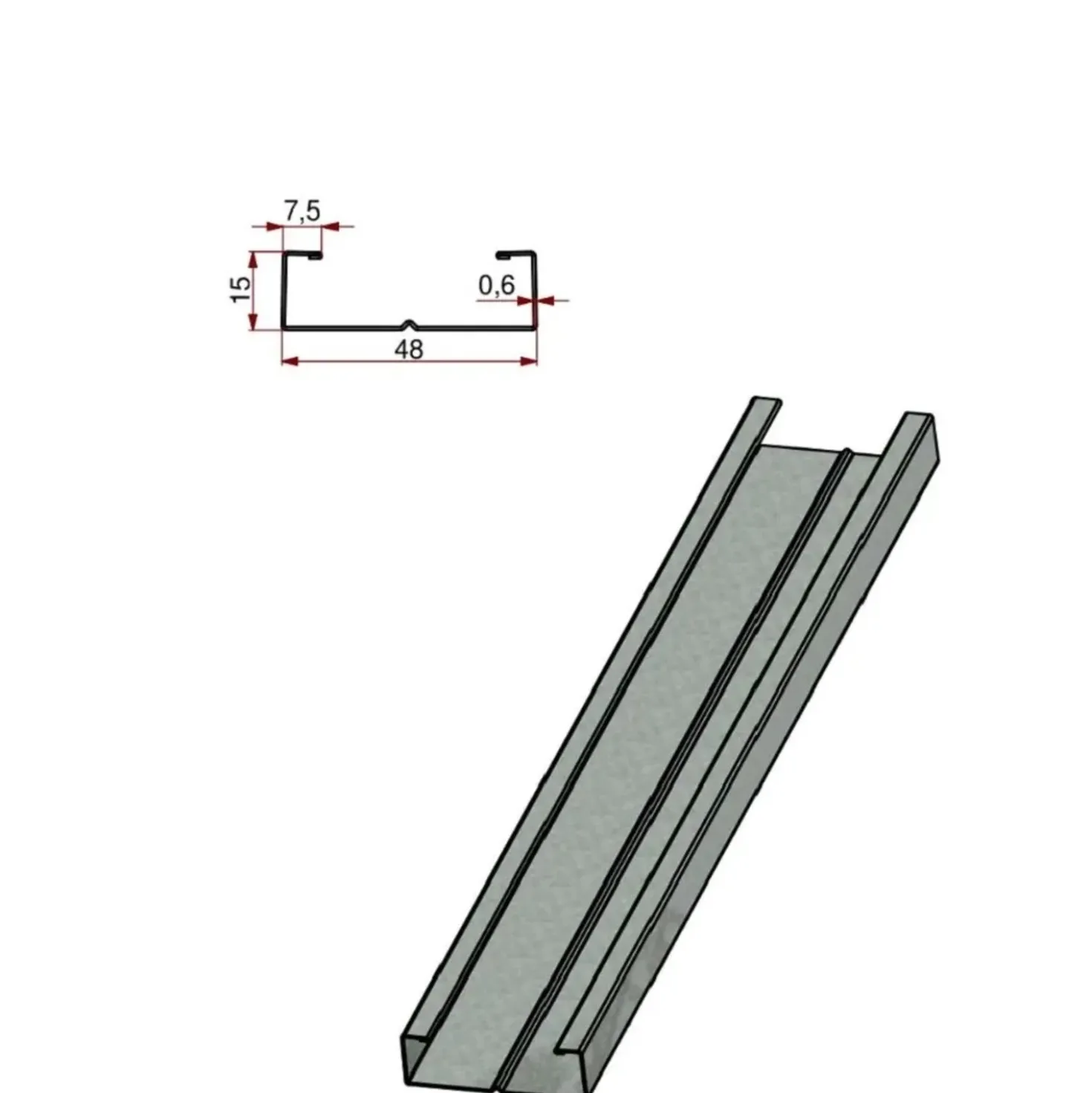 Profilo montante a C in acciaio zincato 50/15 sp 6/10 L 3 m grigio