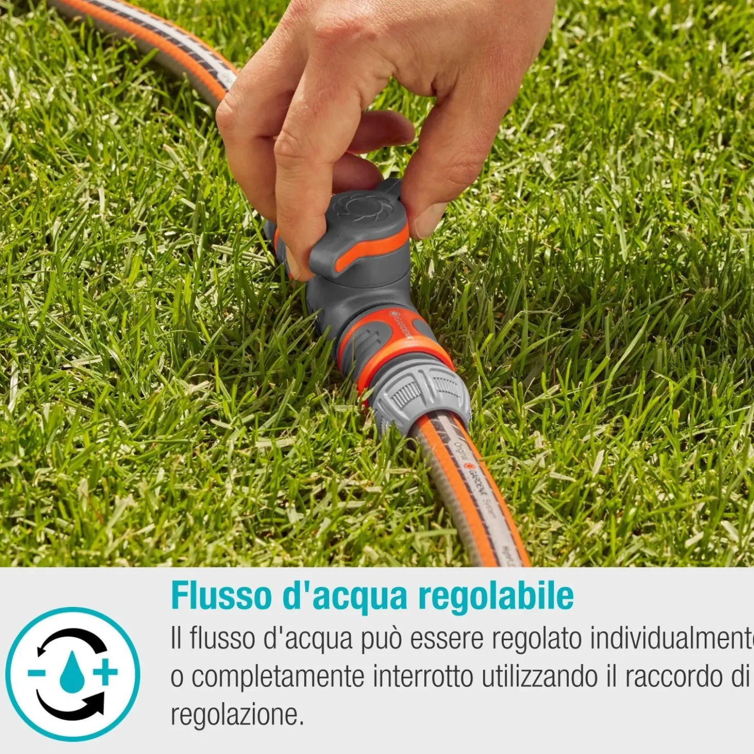 Raccordo con valvola di regolazione Gardena per tubi da giardino