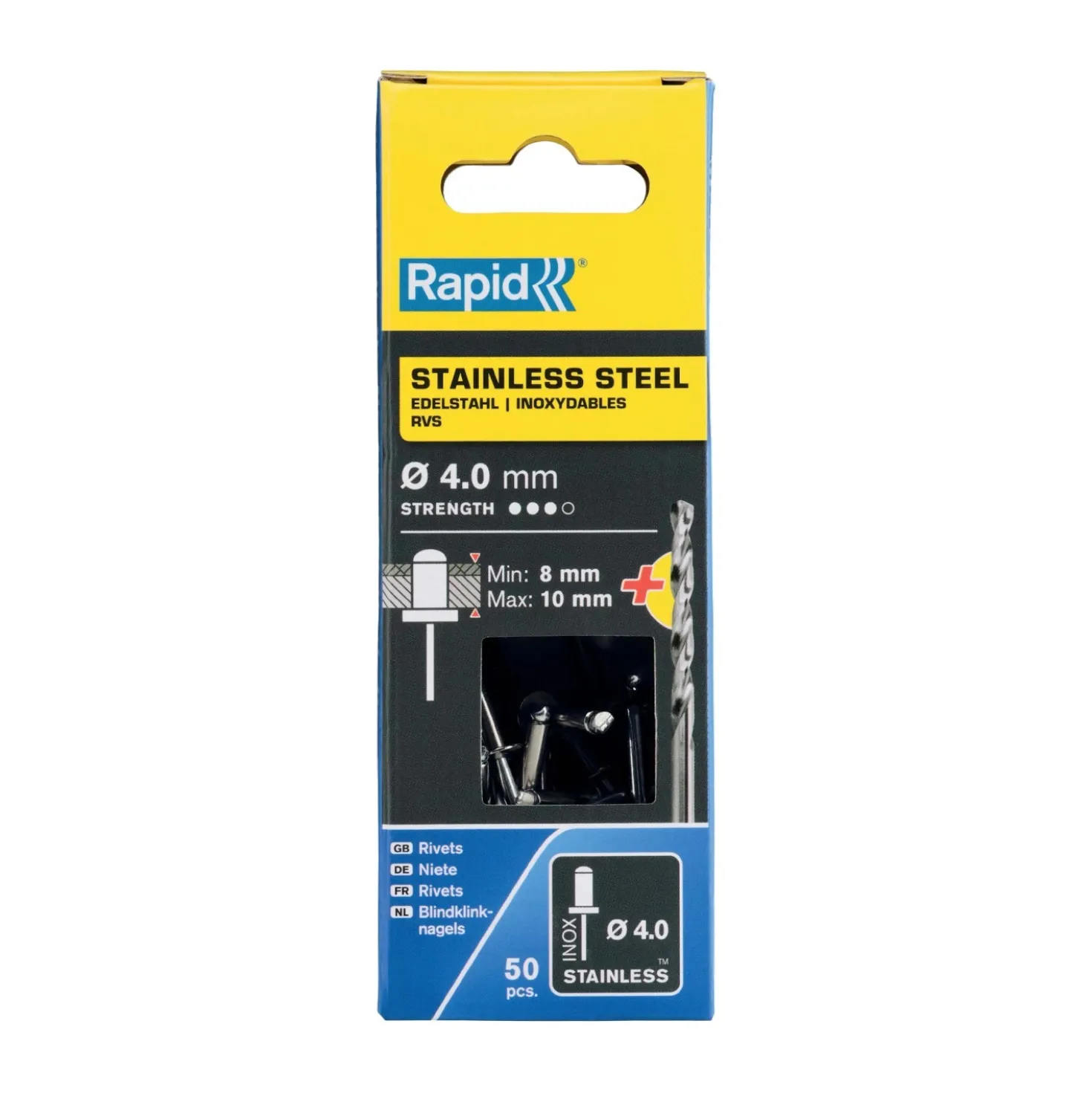 Rivetti Rapid Acciaio INOX Ø4.0 x 14 mm Conf. da 50 Pezzi e Punta Trapano incl