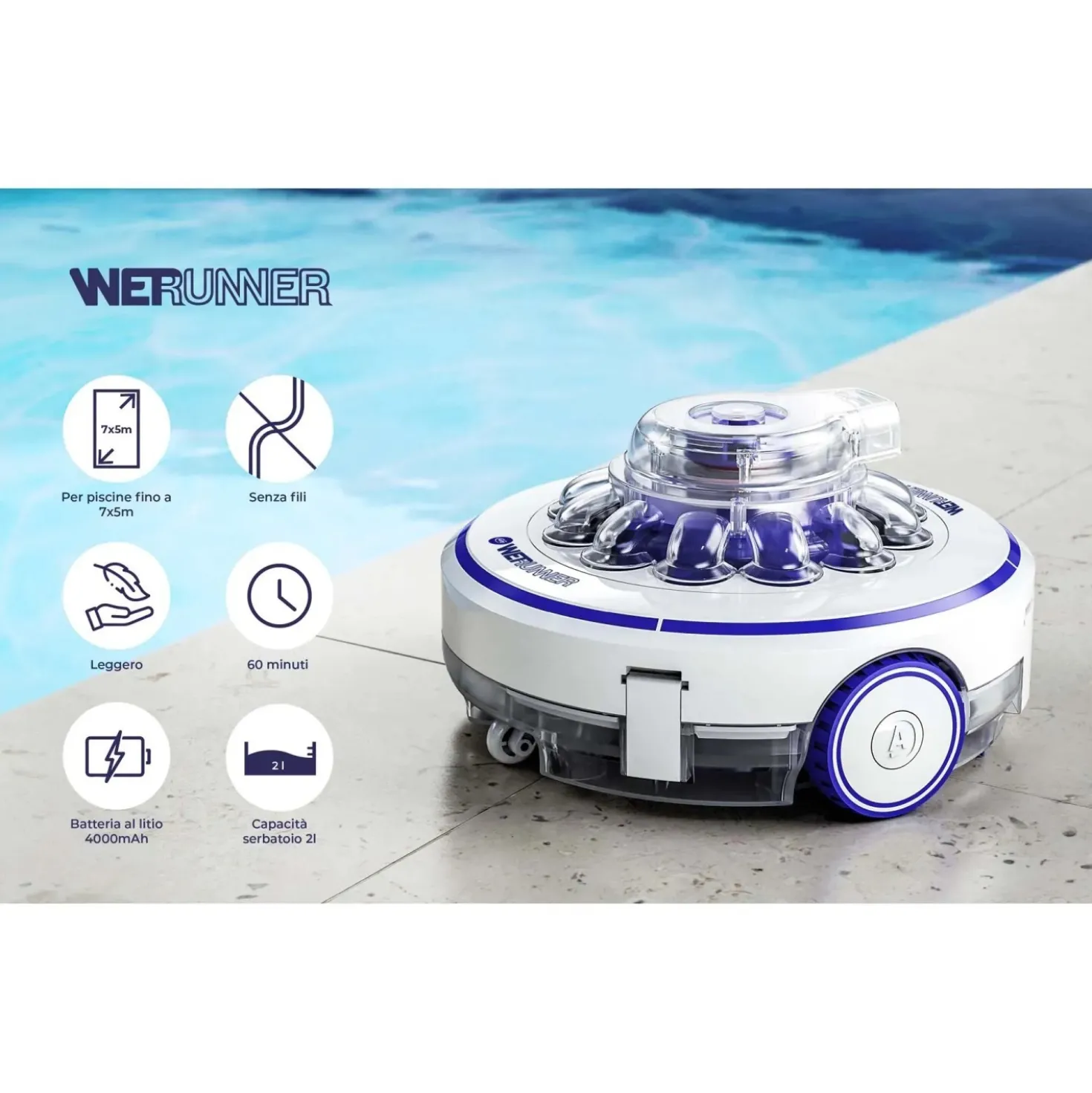 Robot elettrico a batteria per piscine Wet Runner Gre 26,6 W