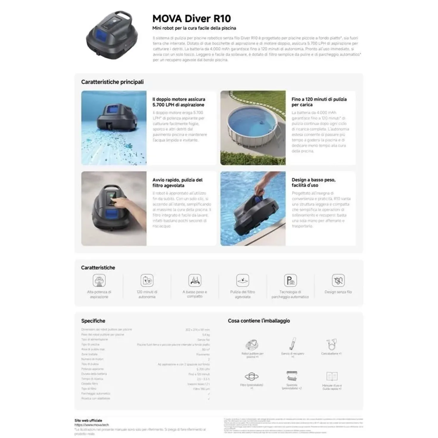 Robot pulitore per piscina senza filo Mova Diver 5.700 LPH