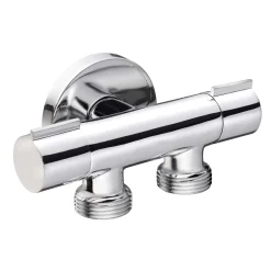 Rubinetto a squadra doppio attacco lavatrice 1/2" -3/4"salva spazio ottone crom
