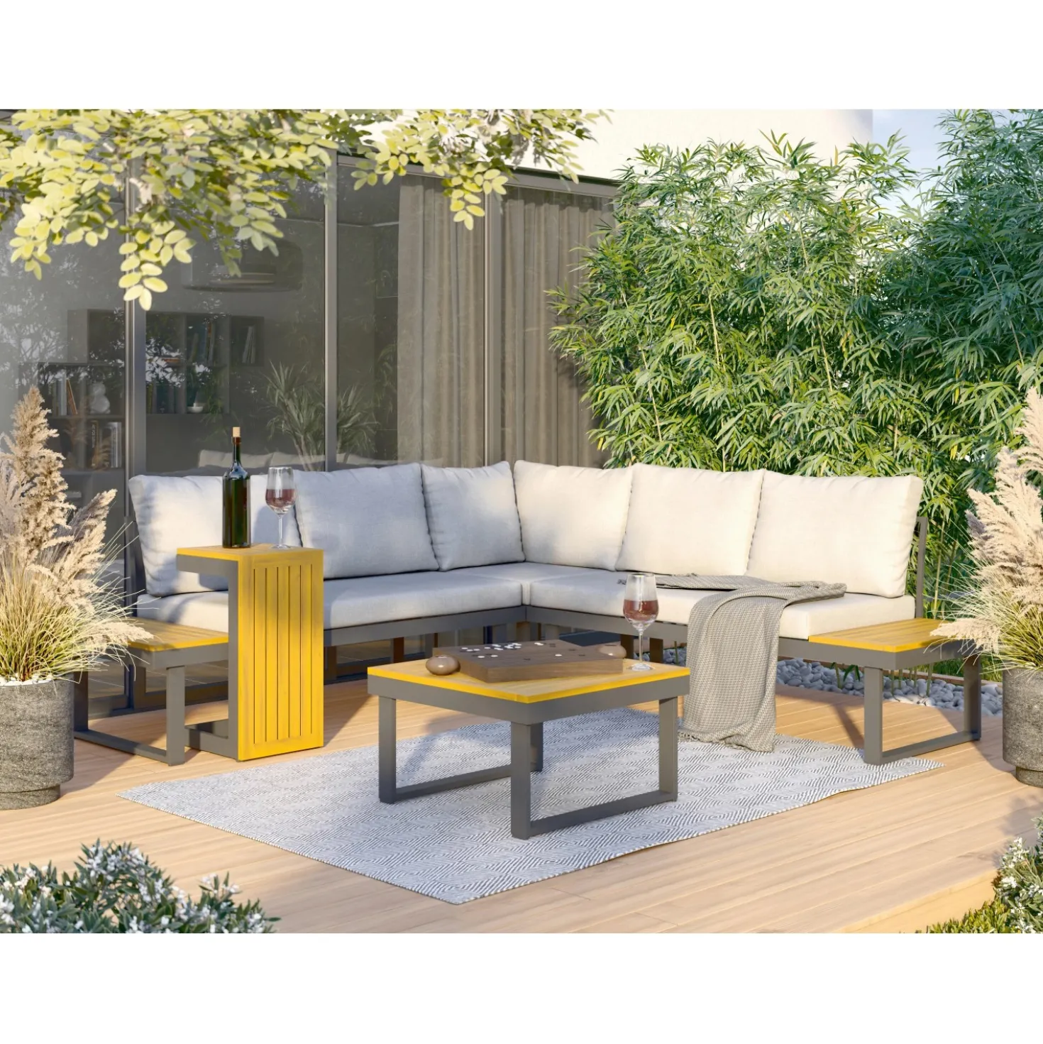 Salotto da giardino angolare Lipson in alluminio con inserti in legno 4 posti