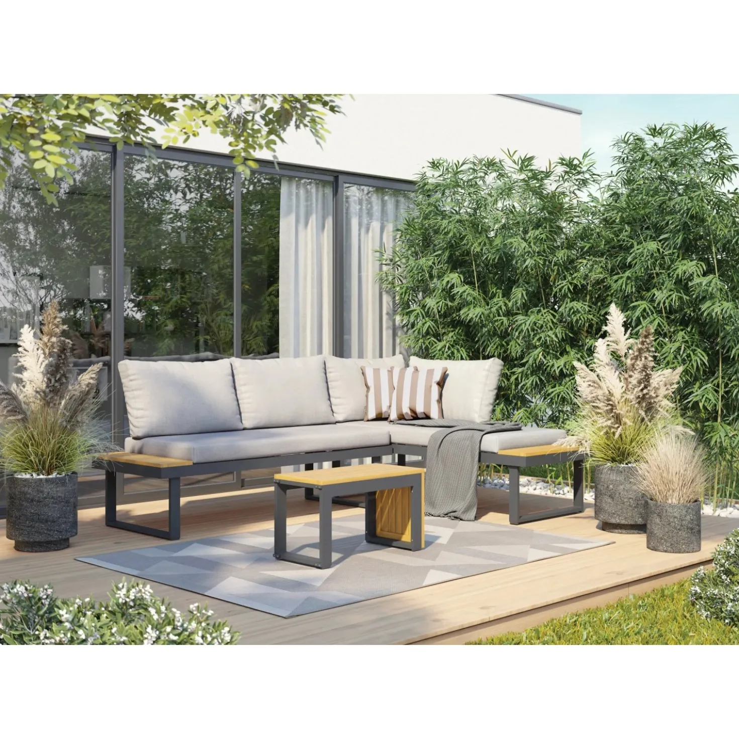 Salotto da giardino angolare Lipson in alluminio con inserti in legno 4 posti