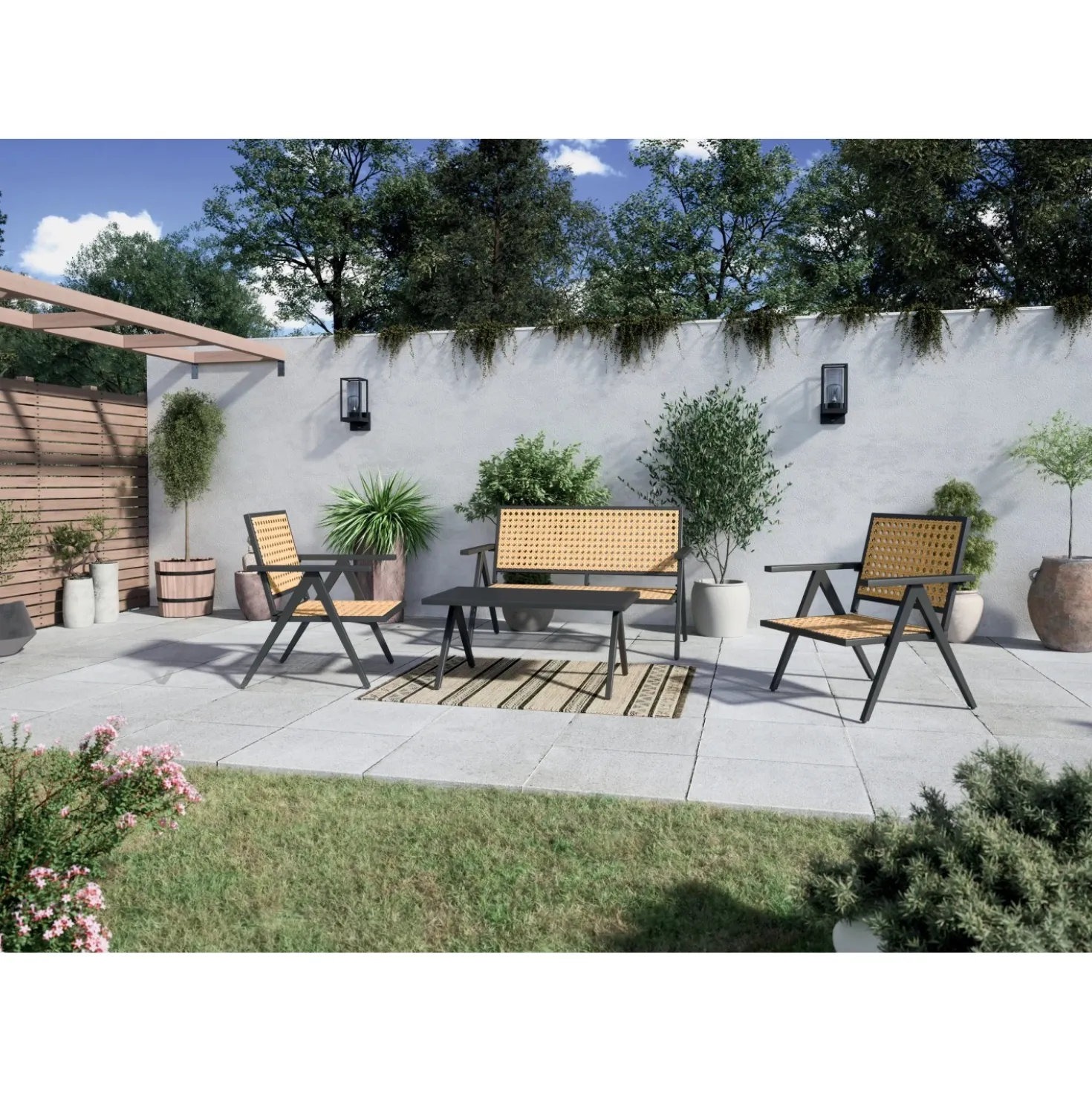 Salotto da giardino Caddoa in acciaio e rattan antracite 4 posti