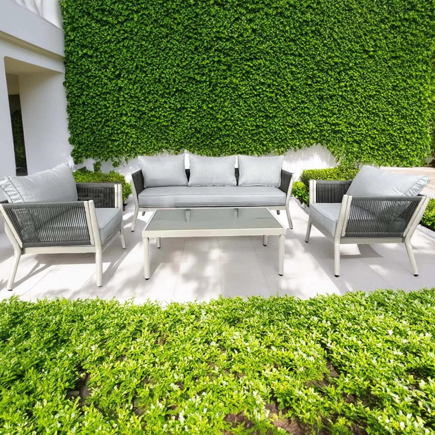 Salotto da giardino in allum bianco e rattan con cuscini 5 posti