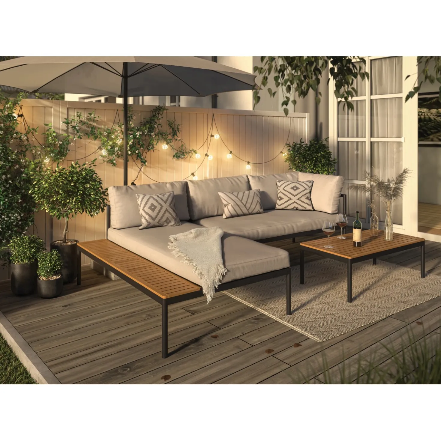 Salotto da giardino Lankin in alluminio con cuscini poliestere beige 3 posti